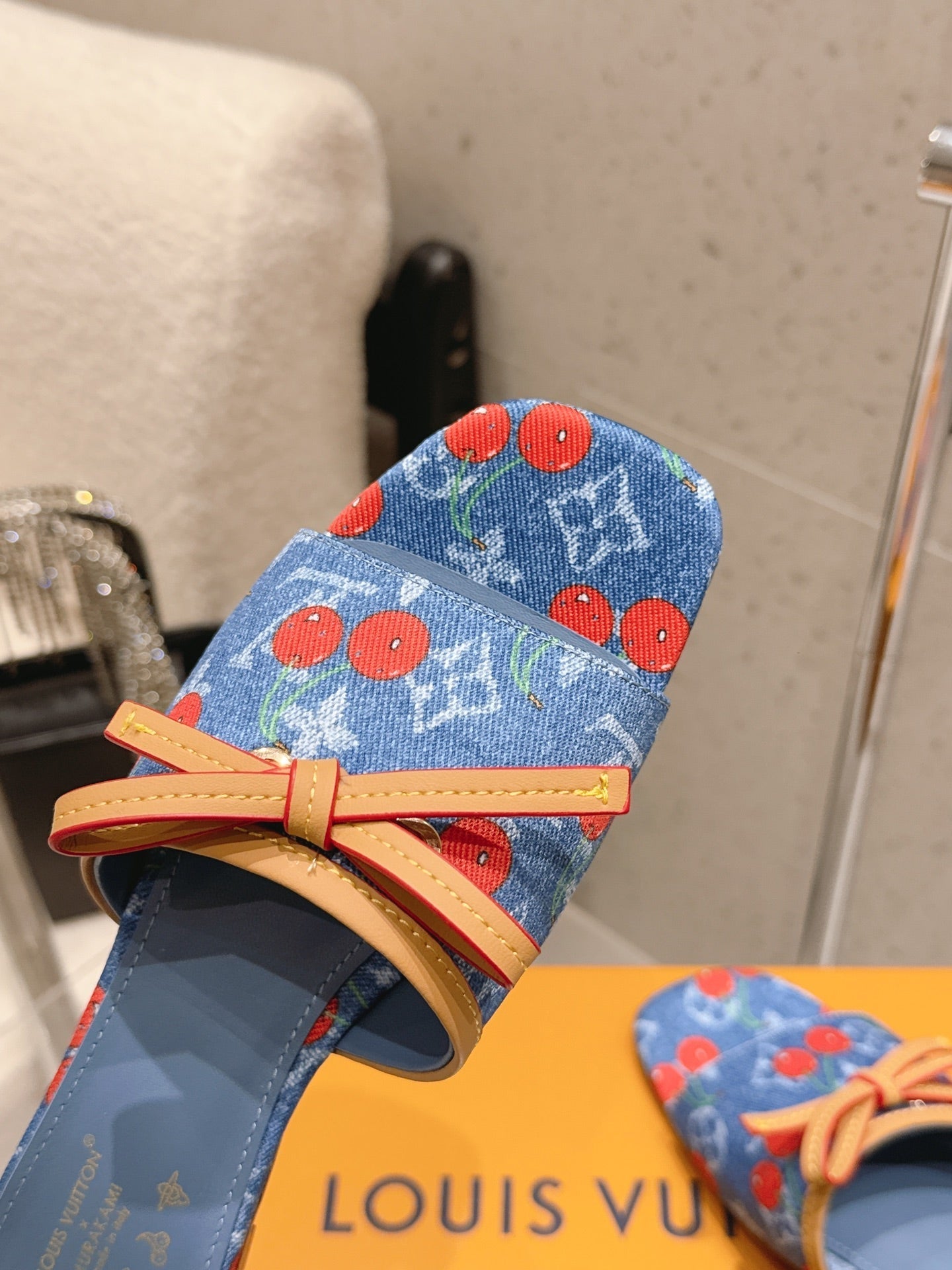LV 26S FLAT MULE SANDALS IN BLUE MONOGRAM DENIM WITH CHERRY PRINT