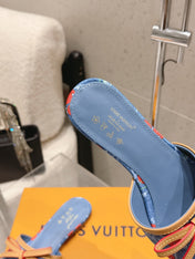 LV 26S FLAT MULE SANDALS IN BLUE MONOGRAM DENIM WITH CHERRY PRINT