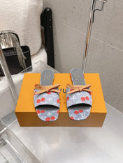 LV 26S FLAT MULE SANDALS IN GREY MONOGRAM DENIM WITH CHERRY PRINT
