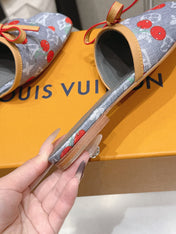 LV 26S FLAT MULE SANDALS IN GREY MONOGRAM DENIM WITH CHERRY PRINT