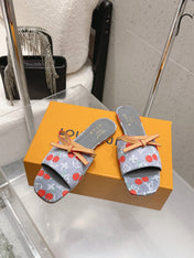 LV 26S FLAT MULE SANDALS IN GREY MONOGRAM DENIM WITH CHERRY PRINT