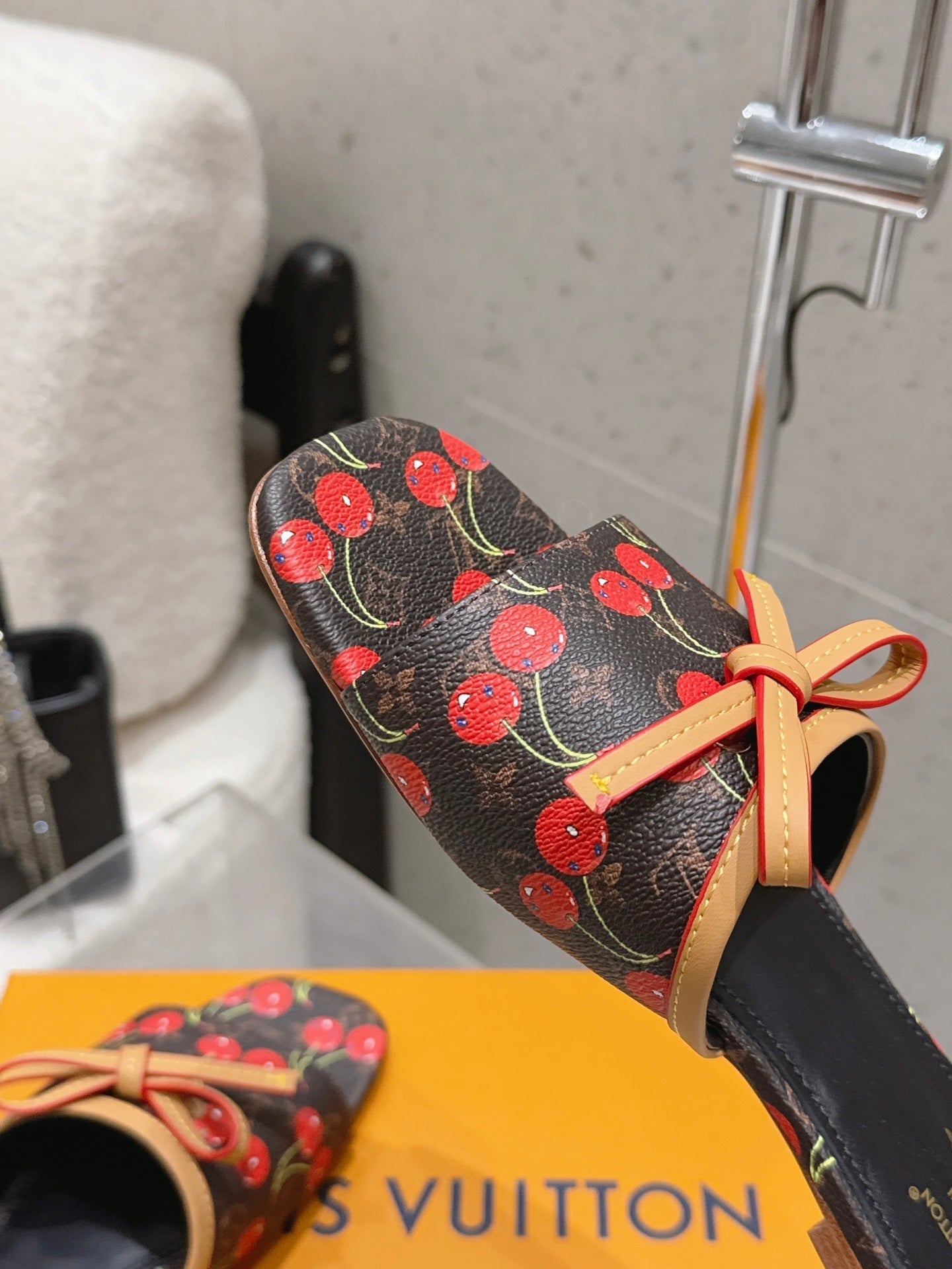 LV 26S FLAT MULE SANDALS IN BLACK MONOGRAM CANVAS WITH CHERRY PRINT