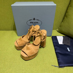PRADA 25S HIGH-HEEL SANDALS 140 MM IN CARAMEL BROWN SUEDE STYLE 2