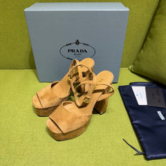PRADA 25S HIGH-HEEL SANDALS 140 MM IN CARAMEL BROWN SUEDE STYLE 6
