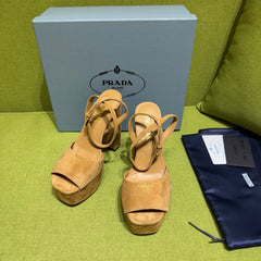 PRADA 25S HIGH-HEEL SANDALS 140 MM IN CARAMEL BROWN SUEDE STYLE 6