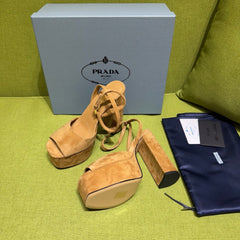 PRADA 25S HIGH-HEEL SANDALS 140 MM IN CARAMEL BROWN SUEDE STYLE 6