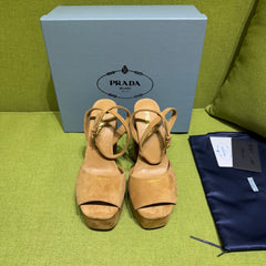 PRADA 25S HIGH-HEEL SANDALS 140 MM IN CARAMEL BROWN SUEDE STYLE 6