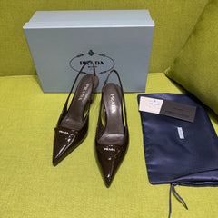 PRADA 25S SLINGBACK HIGH HEELS 75 MM IN DARK RED BROWN GLOSSY CALFSKIN