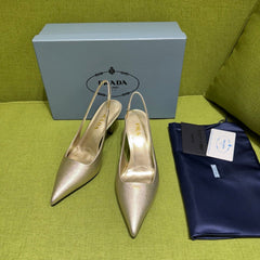 PRADA 25S SLINGBACK HIGH HEELS 75 MM IN GOLD SHEEPSKIN