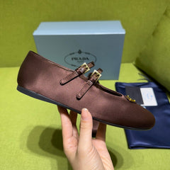 PRADA 25S MARY JANE BALLET FLATS IN DEEP BURGUNDY BROWN SATIN