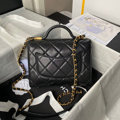 CHANEL 25S FLAP BAG 21 CM IN BLACK GRAINED LAMBSKIN WITH TOP HANDLE