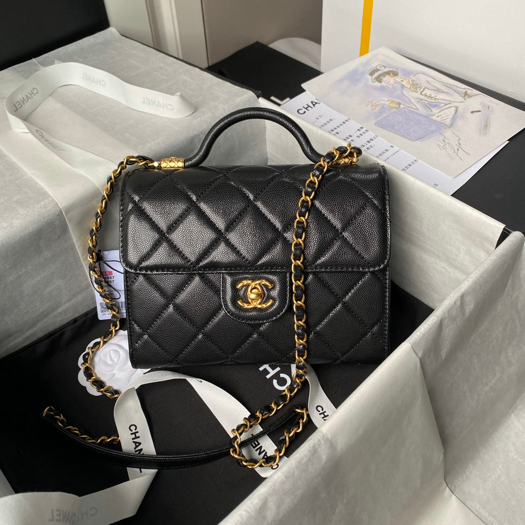 CHANEL 25S FLAP BAG 21 CM IN BLACK GRAINED LAMBSKIN WITH TOP HANDLE