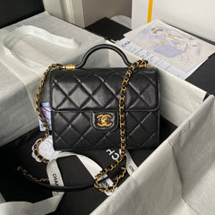 CHANEL 25S FLAP BAG 21 CM IN BLACK GRAINED LAMBSKIN WITH TOP HANDLE