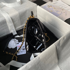 CHANEL 25S FLAP BAG 18 CM IN BLACK PATENT LAMBSKIN WITH TOP HANDLE