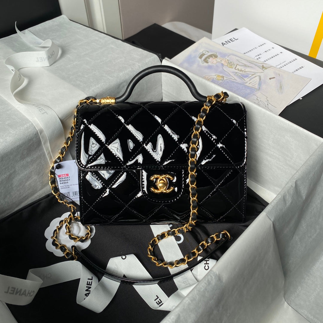 CHANEL 25S FLAP BAG 21 CM IN BLACK PATENT LAMBSKIN WITH TOP HANDLE