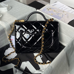 CHANEL 25S FLAP BAG 21 CM IN BLACK PATENT LAMBSKIN WITH TOP HANDLE