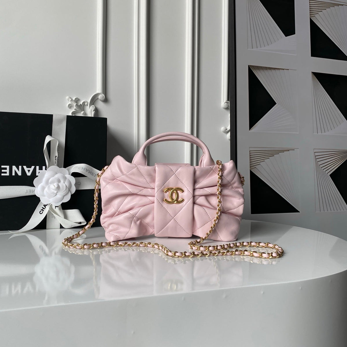CHANEL 25S MINI BOW BAG 26 IN PINK LAMBSKIN WITH GOLD HARDWARE
