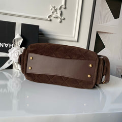 CHANEL 25S BOWLING BAG 24 IN DARK BROWN SUEDE GOLD HARDWARE