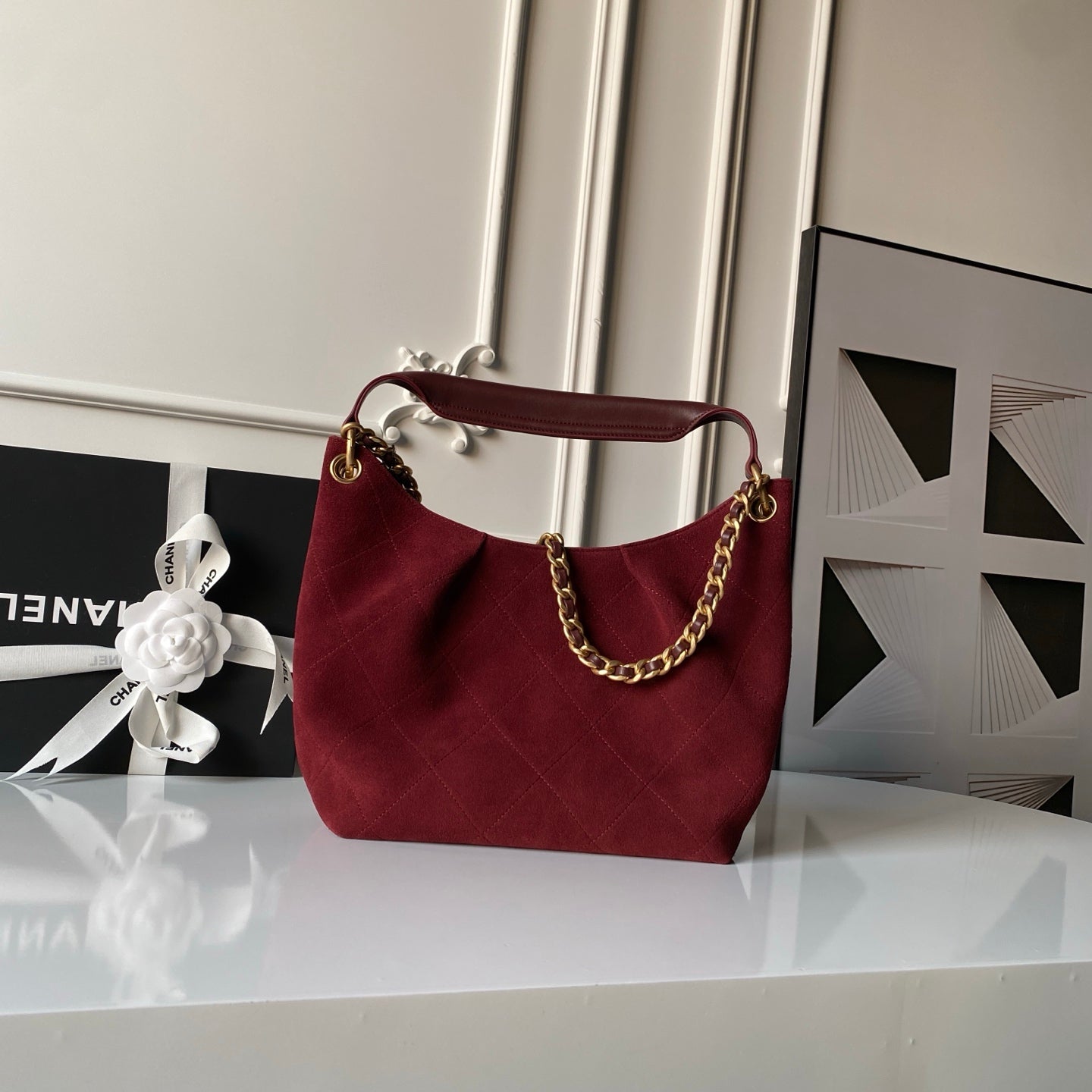 CHANEL 25S HOBO BAG 31 IN DARK RED SUEDE WITH GOLD HARDWARE