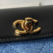CHANEL 26S TOP HANDLE BAG 30 IN BLUE DENIM AND BLACK CALFSKIN GOLD HARDWARE
