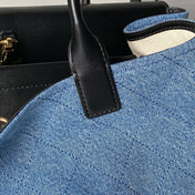 CHANEL 26S TOP HANDLE BAG 30 IN BLUE DENIM AND BLACK CALFSKIN GOLD HARDWARE