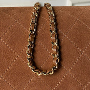 CHANEL 26S BARREL CLUTCH WITH CHAIN 23 IN CARAMEL BROWN SUEDE AND CALFSKIN GOLD HARDWARE