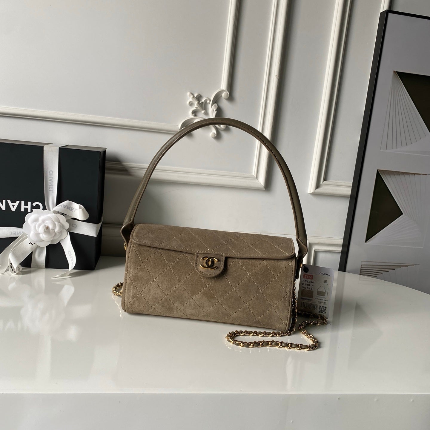 CHANEL 26S BARREL CLUTCH WITH CHAIN 23 IN DARK KHAKI BROWN SUEDE AND CALFSKIN GOLD HARDWARE