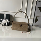 CHANEL 26S BARREL CLUTCH WITH CHAIN 23 IN DARK KHAKI BROWN SUEDE AND CALFSKIN GOLD HARDWARE