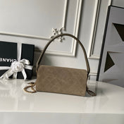CHANEL 26S BARREL CLUTCH WITH CHAIN 23 IN DARK KHAKI BROWN SUEDE AND CALFSKIN GOLD HARDWARE