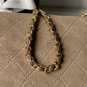 CHANEL 26S BARREL CLUTCH WITH CHAIN 23 IN DARK KHAKI BROWN SUEDE AND CALFSKIN GOLD HARDWARE
