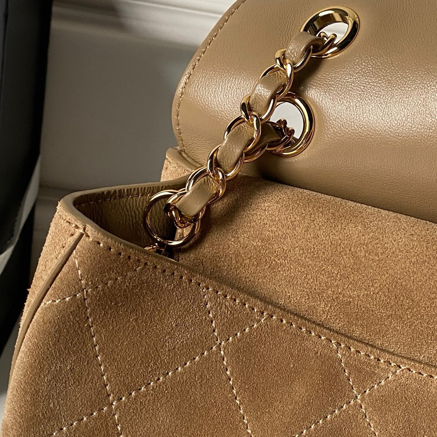 CHANEL 26S MAXI FLAP BAG 32 IN DARK BEIGE SUEDE AND CALFSKIN GOLD HARDWARE