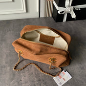 CHANEL 26S CHAIN CLUTCH BAG 32 IN CARAMEL BROWN QUILTED SUEDE GOLD HARDWARE