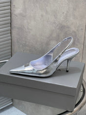 BALENCIAGA 25S HIGH-HEEL SLINGBACK 85 MM IN SILVER COW LEATHER