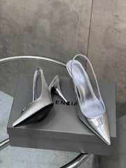 BALENCIAGA 25S HIGH-HEEL SLINGBACK 85 MM IN SILVER COW LEATHER