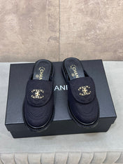 CHANEL 26S MULE LOAFERS IN BLACK CANVAS WITH QUILTED FLAP & CHAIN CC LOGO