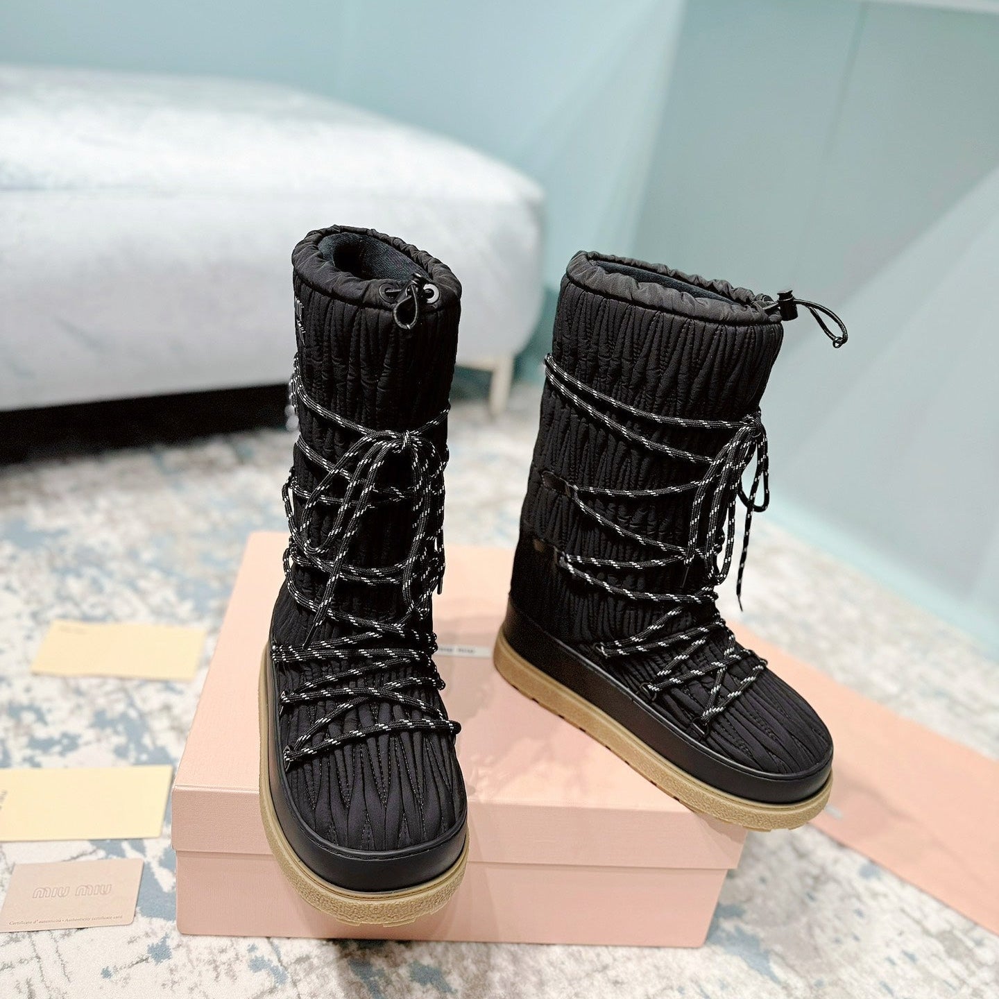 MIUMIU 26S ANKLE SNOW BOOTS IN BLACK FABRIC STYLE 16