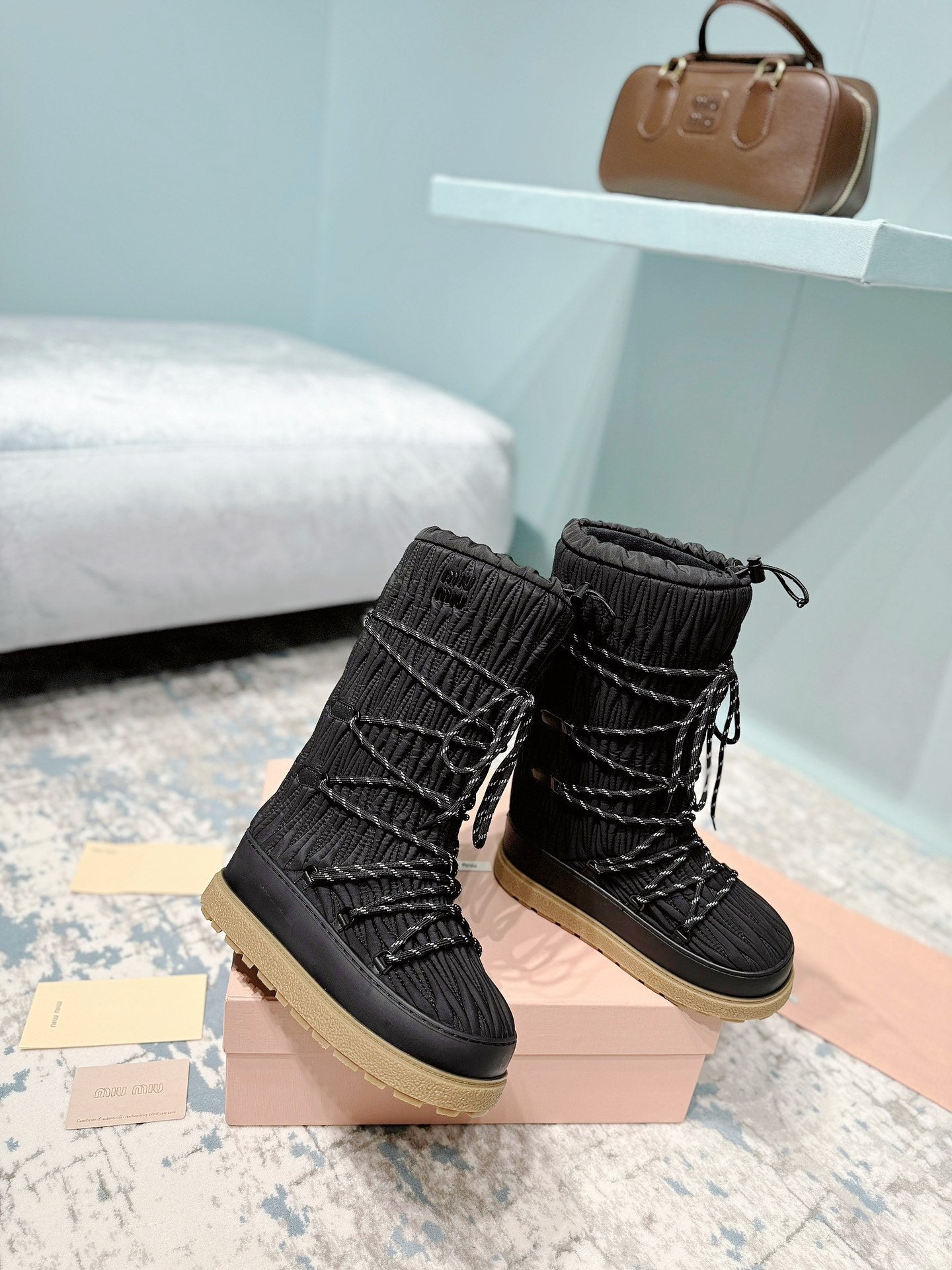 MIUMIU 26S ANKLE SNOW BOOTS IN BLACK FABRIC STYLE 16