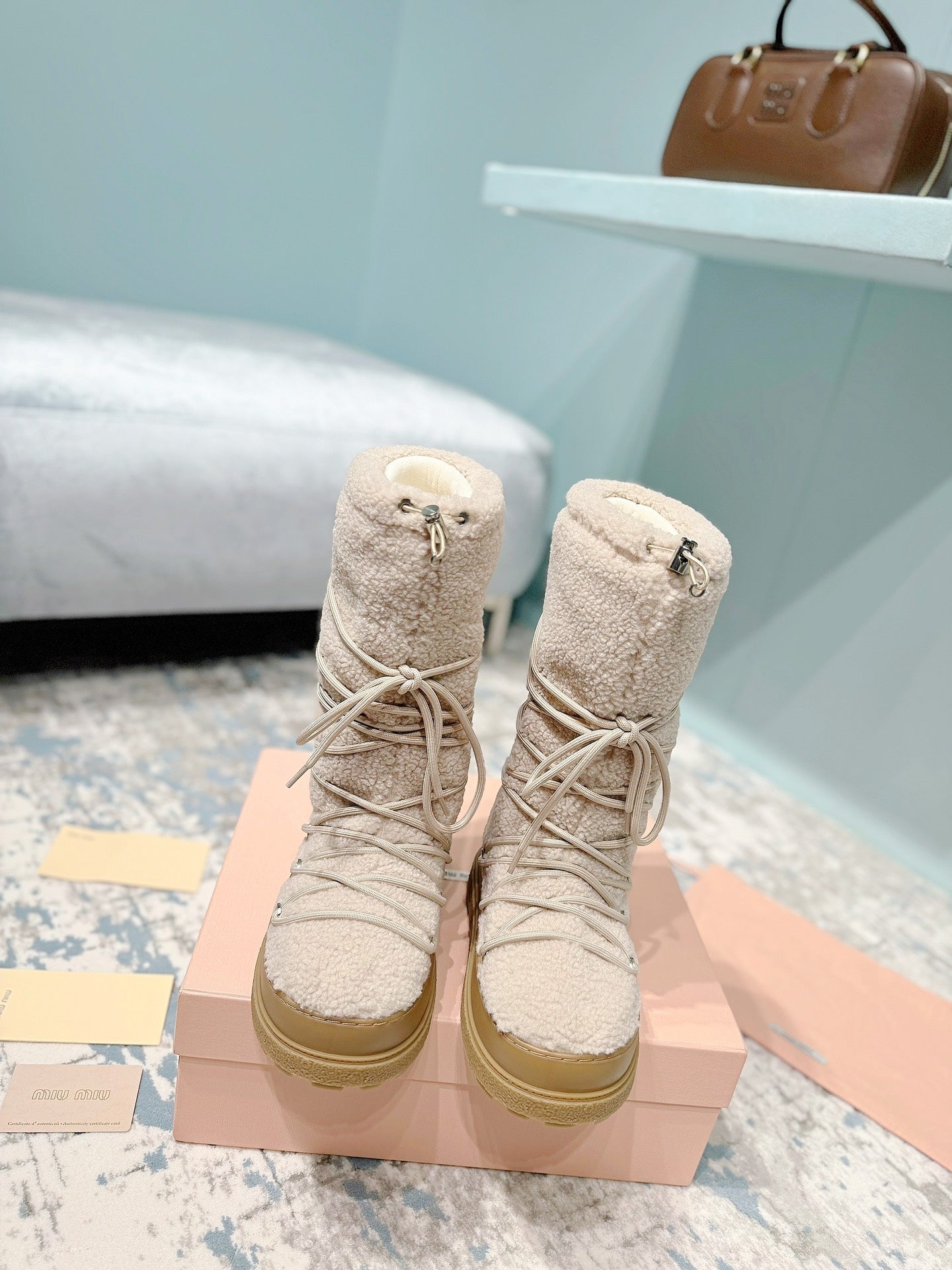 MIUMIU 26S ANKLE SNOW BOOTS IN BEIGE WOOL STYLE 15