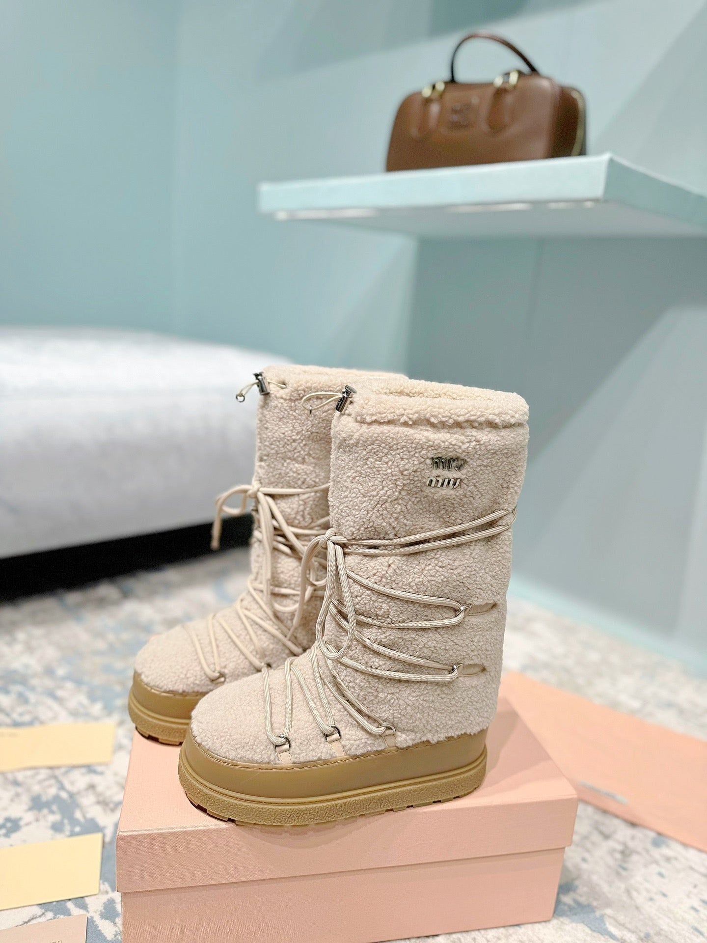 MIUMIU 26S ANKLE SNOW BOOTS IN BEIGE WOOL STYLE 15