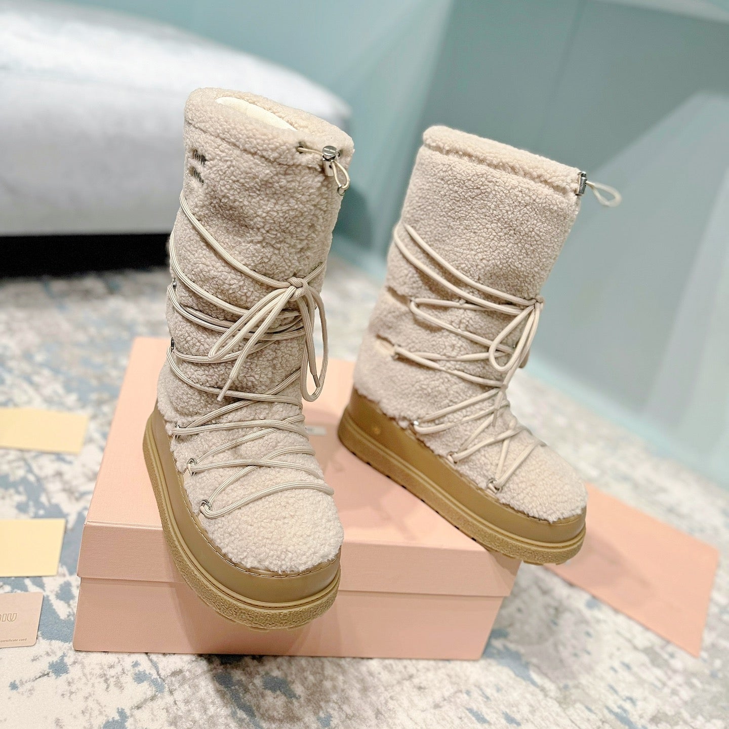 MIUMIU 26S ANKLE SNOW BOOTS IN BEIGE WOOL STYLE 15