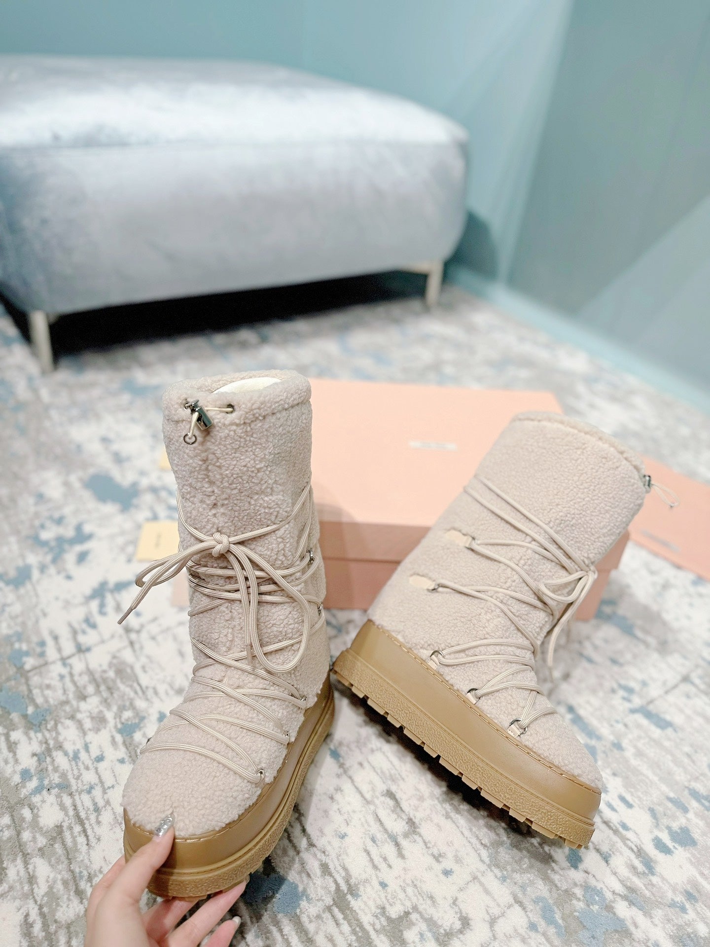 MIUMIU 26S ANKLE SNOW BOOTS IN BEIGE WOOL STYLE 15