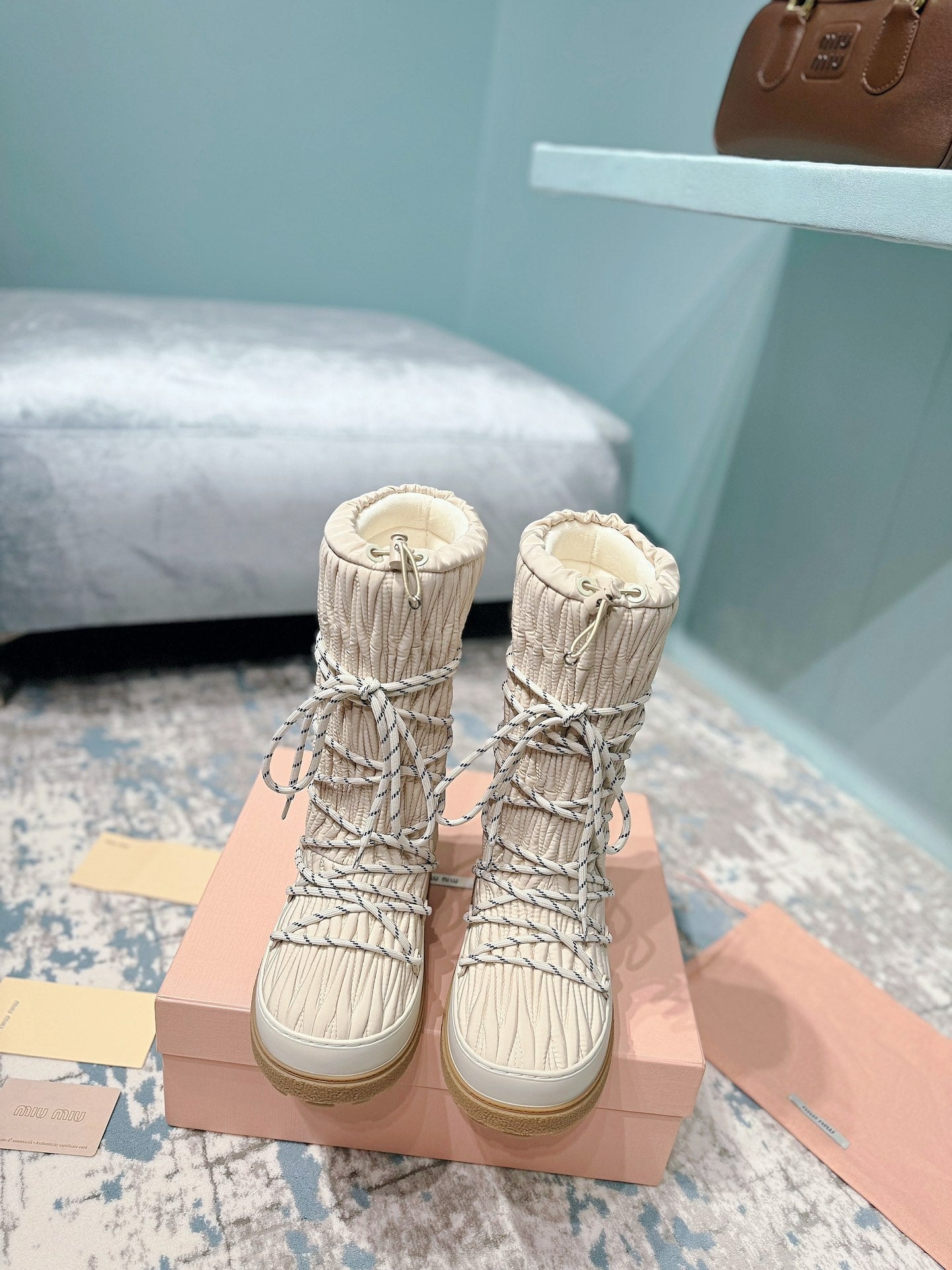 MIUMIU 26S ANKLE SNOW BOOTS IN BEIGE FABRIC STYLE 14