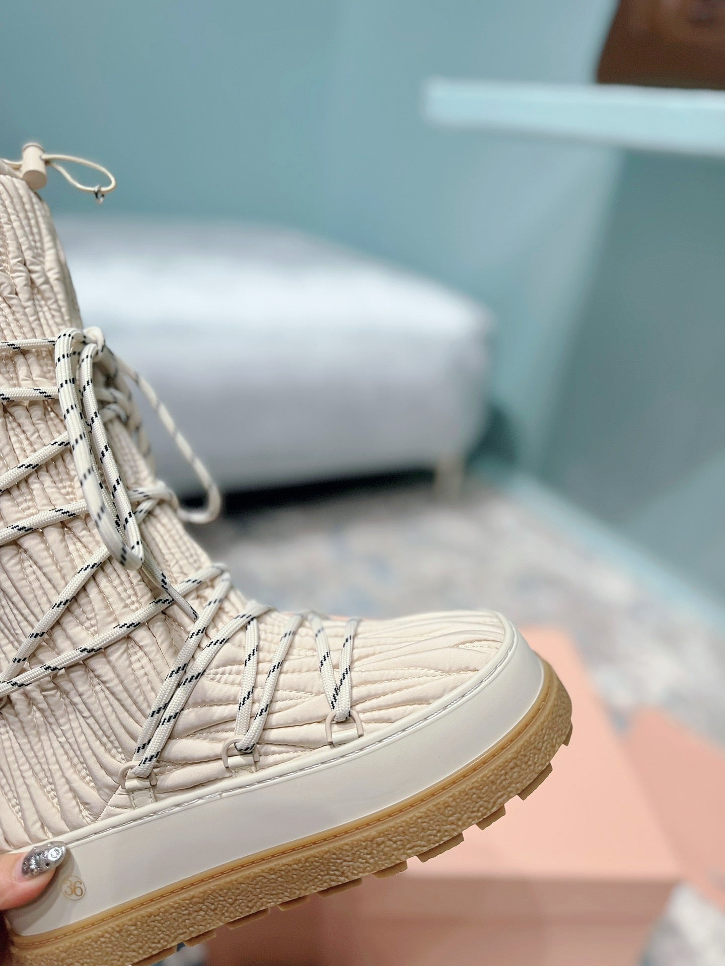 MIUMIU 26S ANKLE SNOW BOOTS IN BEIGE FABRIC STYLE 14