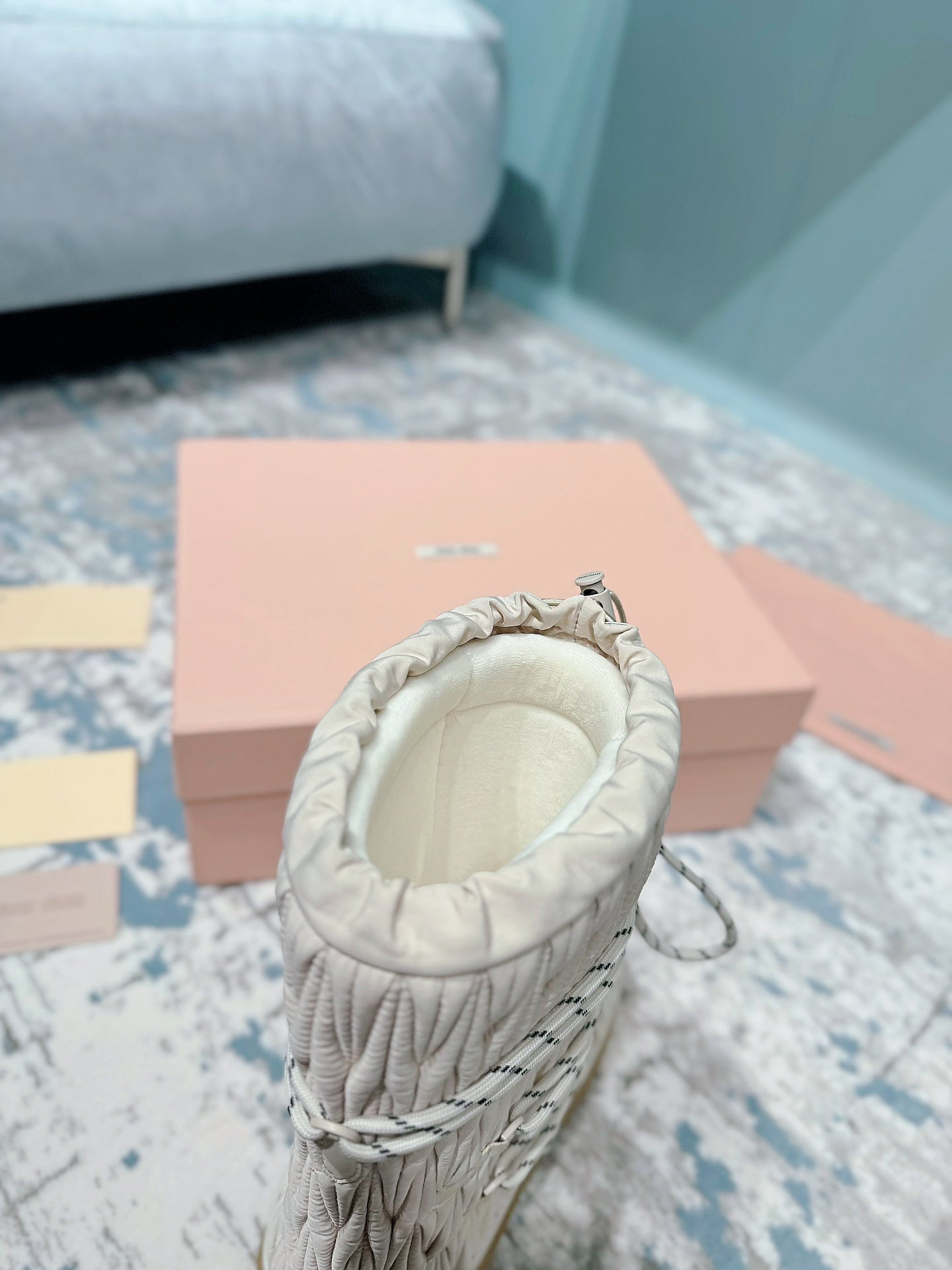 MIUMIU 26S ANKLE SNOW BOOTS IN BEIGE FABRIC STYLE 14