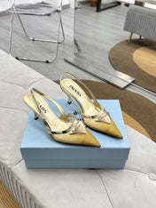 PRADA 25S TRIANGLE LOGO SLINGBACK PUMPS IN GOLD MESH FABRIC