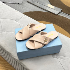 PRADA 25S SLIDE SANDALS IN BEIGE CALFSKIN LOGO