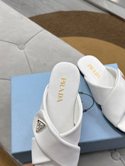 PRADA 25S SLIDE SANDALS IN WHITE CALFSKIN LOGO