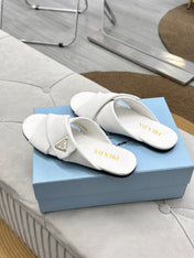 PRADA 25S SLIDE SANDALS IN WHITE CALFSKIN LOGO