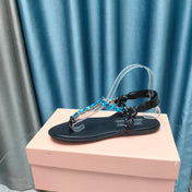 FLIP-FLOPS BLACK COWHIDE WITH CRYSTALS-SAPPHIRE BLUE