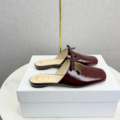 DIOR 26S PEARL-ACCENT BOW FLAT MULES IN DARK RED GLOSSY CALFSKIN